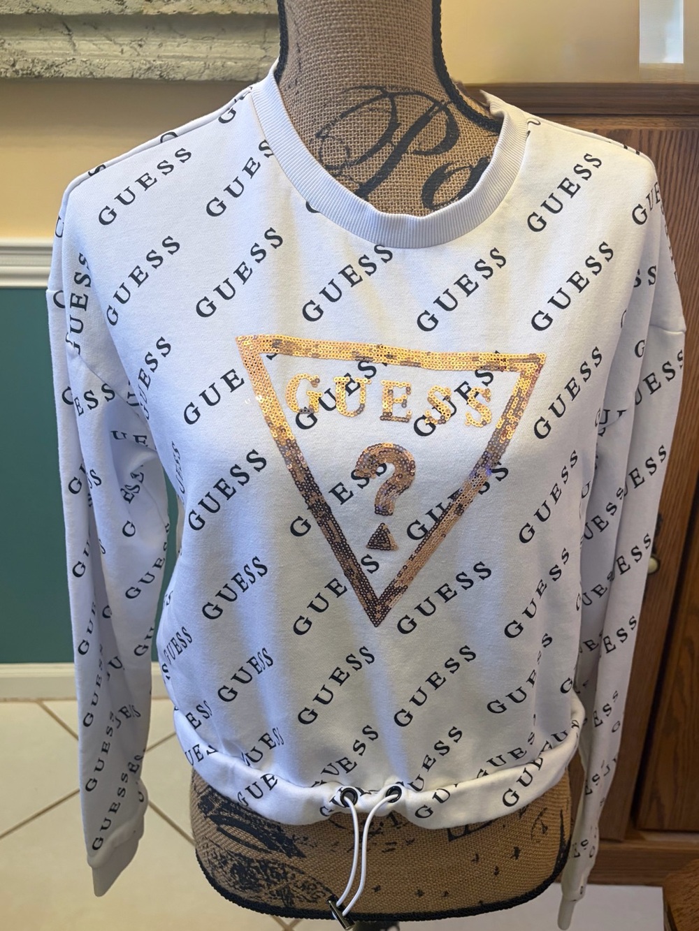 GUESS White Logo Print Sweatshirt with Gold Sequin Triangle